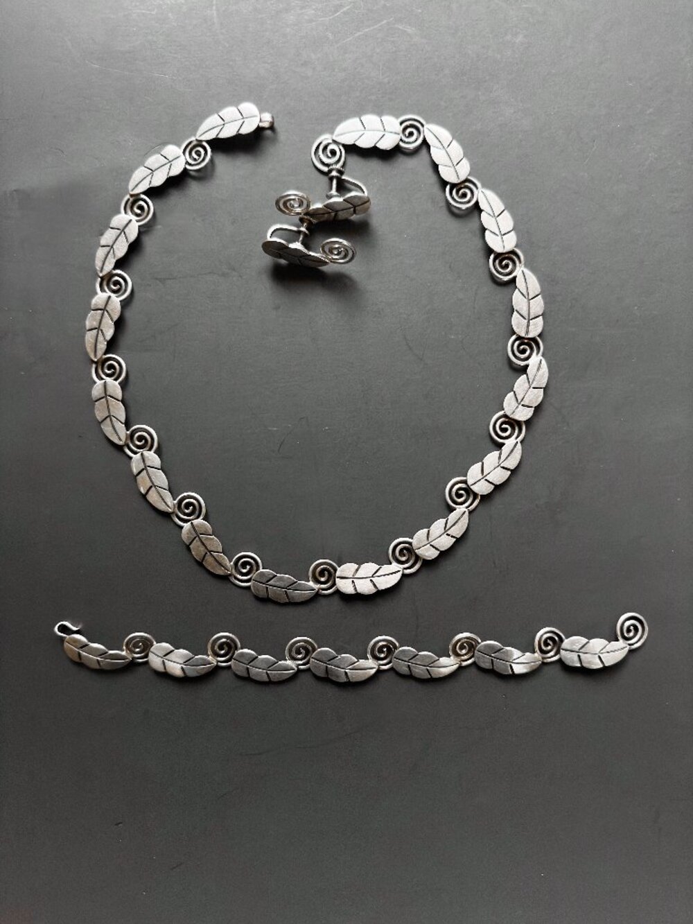 40s Taxco Silver Leaf Link Demi-Parure Set Necklace, Bracelet and Earrings